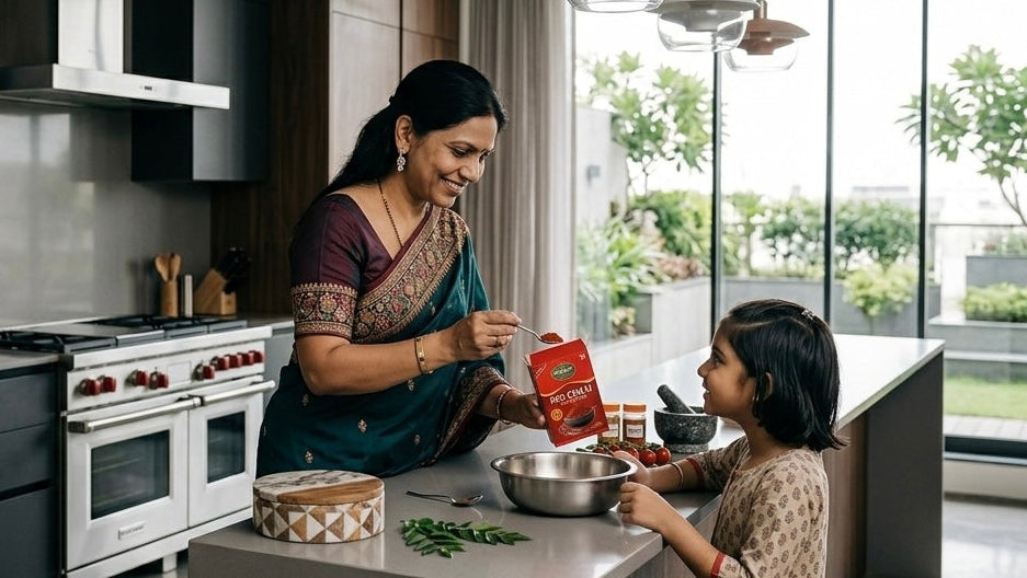 Woman and child in a modern kitchen preparing food together.